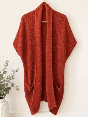Echo Rust Orange Chunky Knit Cardigan Poncho L/XL Oversized Open Front Pockets